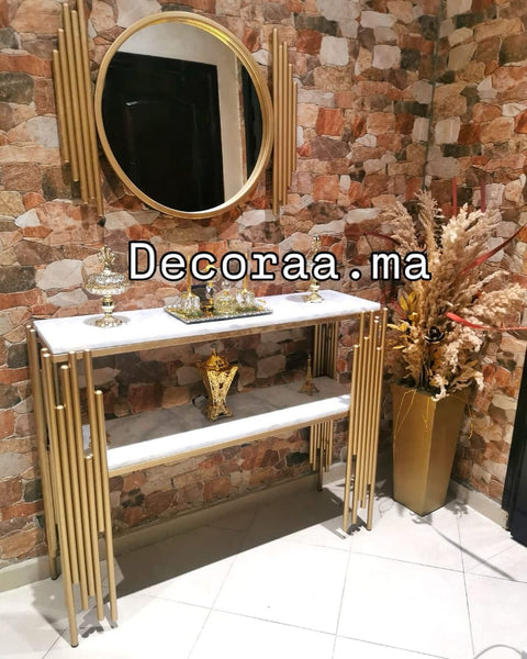 Console en Marbre Blanc avec Miroir en Verre Saint-Gobain