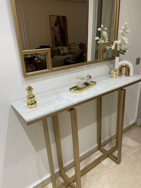 Console Élégante en Marbre Blanc avec Miroir