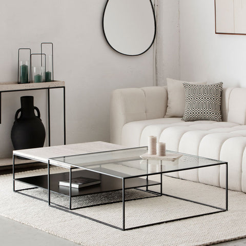 Duo de tables basses design en travertin et verre – Collection Célesto