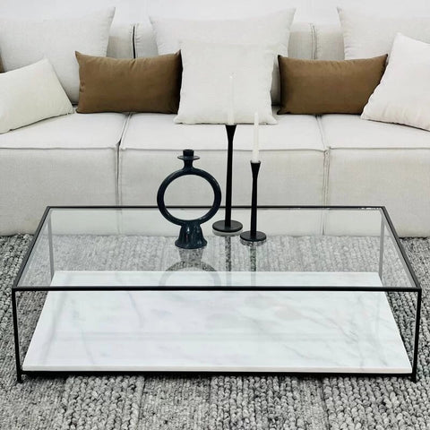 Table Basse – Plateau en Verre Trempé et Marbre Blanc Authentique