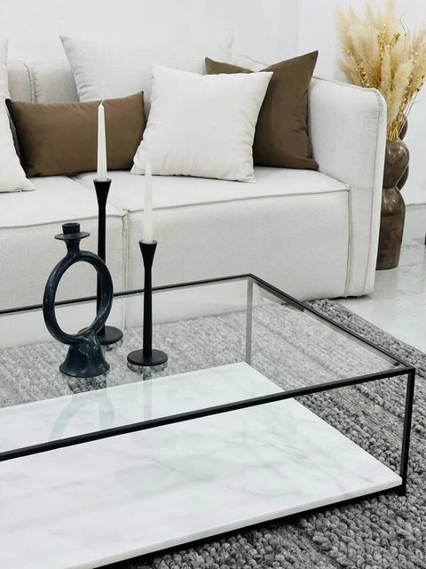 Table Basse – Plateau en Verre Trempé et Marbre Blanc Authentique