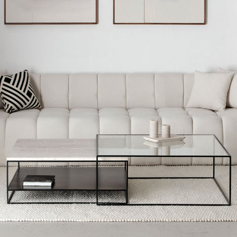 Duo de tables basses design en travertin et verre – Collection Célesto