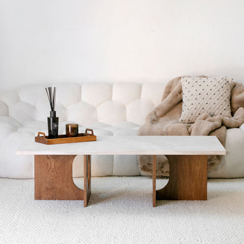 Table basse en hêtre massif et travertin – Design contemporain Solena