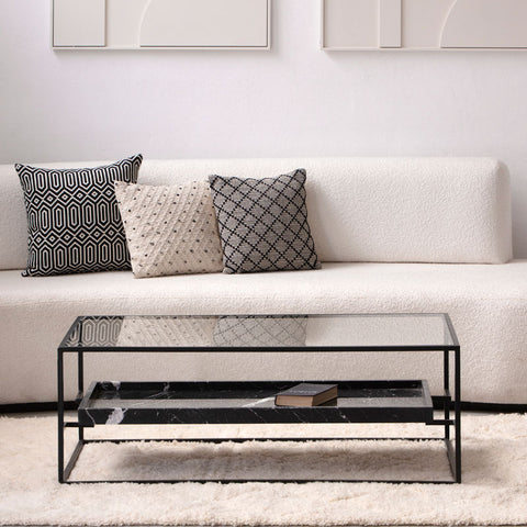 Table Basse – Verre Trempé et Marbre Noir Profond