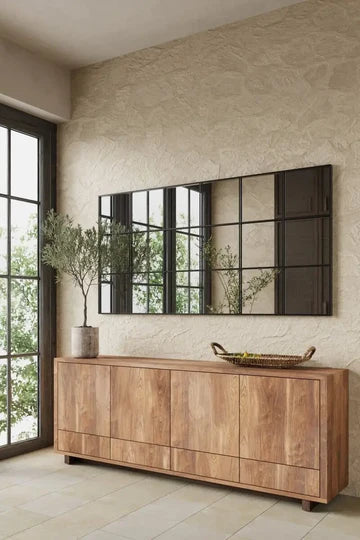 Miroir Mural Noir Grand Format – Cadre Structuré à Trois Panneaux Verticaux