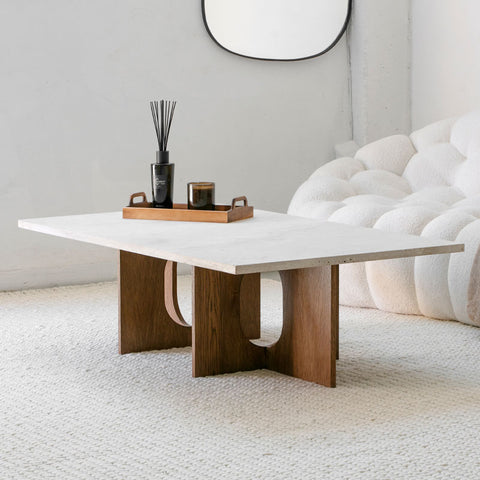 Table basse en hêtre massif et travertin – Design contemporain Solena