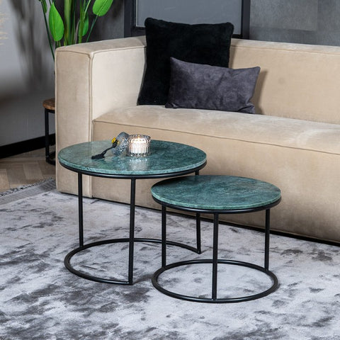 Table basse style industriel avec plateau en marbre vert