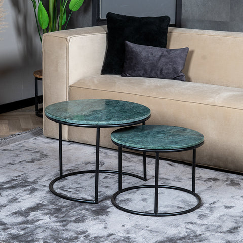 Table basse style industriel avec plateau en marbre vert