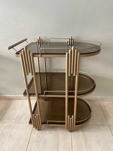 Chariot de Service à 3 Plateaux – Verre Bronze Sécurisé & Structure Métal Galvanisé