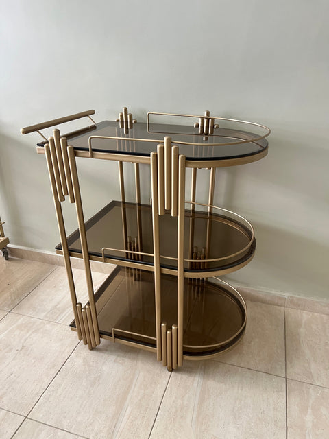 Chariot de Service à 3 Plateaux – Verre Bronze Sécurisé & Structure Métal Galvanisé