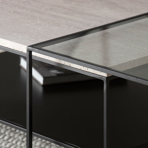 Duo de tables basses design en travertin et verre – Collection Célesto