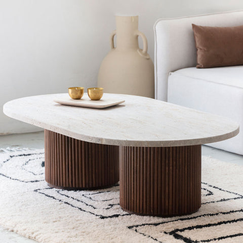 Table basse design en hêtre massif et travertin – Collection Lunaris