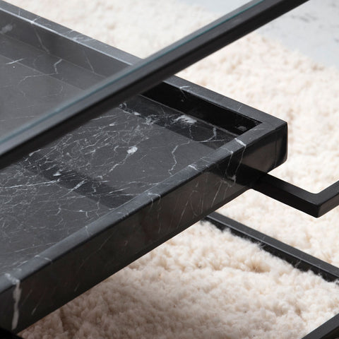 Table Basse – Verre Trempé et Marbre Noir Profond
