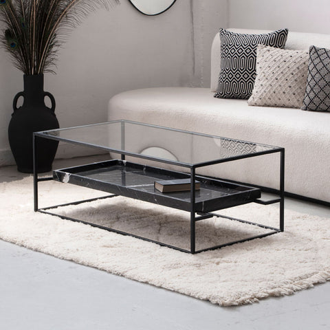 Table Basse – Verre Trempé et Marbre Noir Profond