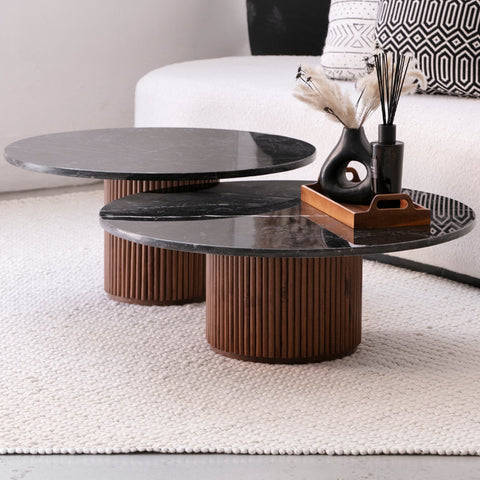 Ensemble de Deux Tables Basses en Marbre Noir et Bois Massif Sculpté