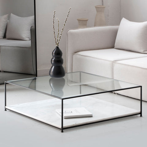 Table Basse en Verre et Marbre Blanc