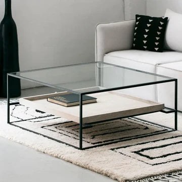 Table Basse Design en Verre Trempé et Travertin Naturel