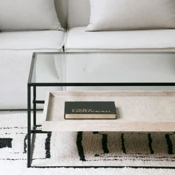 Table Basse Design en Verre Trempé et Travertin Naturel