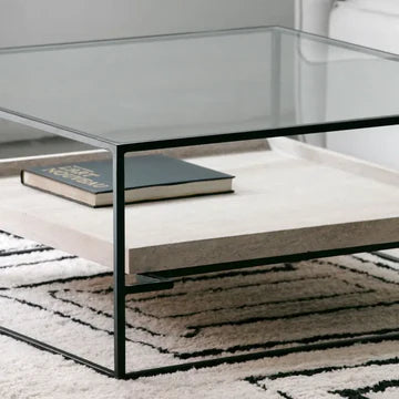 Table Basse Design en Verre Trempé et Travertin Naturel