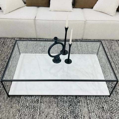 Table Basse – Plateau en Verre Trempé et Marbre Blanc Authentique