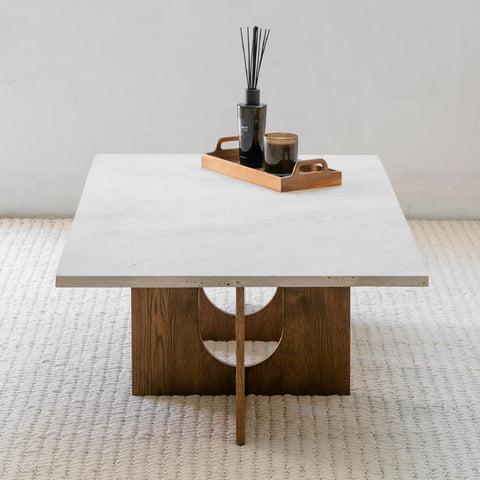 Table basse en hêtre massif et travertin – Design contemporain Solena