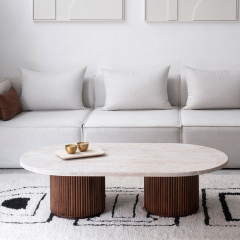 Table basse design en hêtre massif et travertin – Collection Lunaris