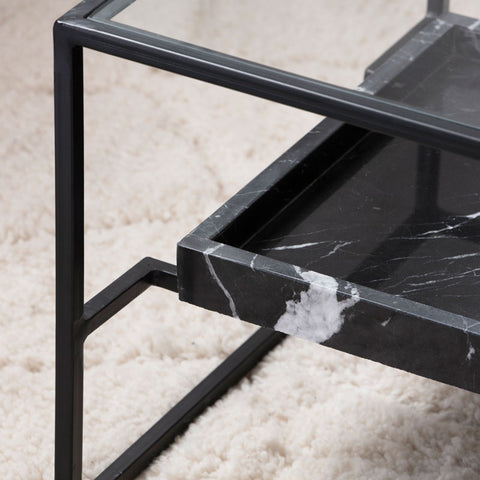 Table Basse – Verre Trempé et Marbre Noir Profond