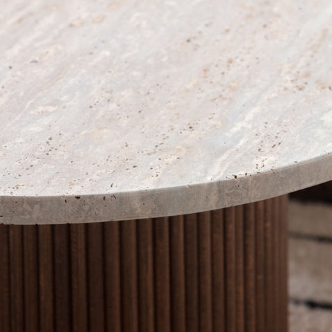 Table basse design en hêtre massif et travertin – Collection Lunaris