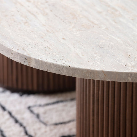 Table basse design en hêtre massif et travertin – Collection Lunaris