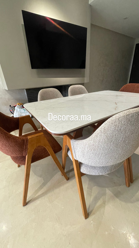 CRYSTALIA – Table à manger rectangulaire en céramique Crystal Luxe White avec 6 chaises en hêtre