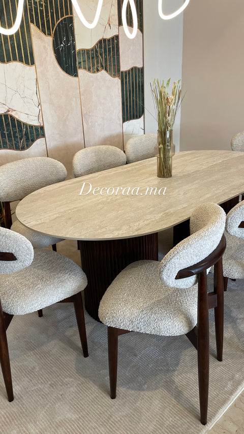 Table à Manger en Céramique Effet Travertin avec 8 Chaises | TRAVELIA