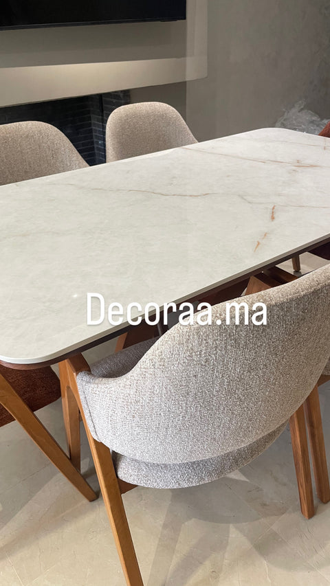 CRYSTALIA – Table à manger rectangulaire en céramique Crystal Luxe White avec 6 chaises en hêtre