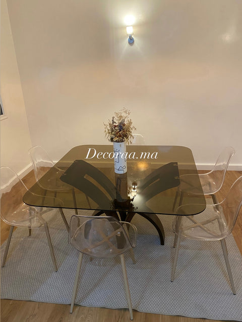 Table en Verre Bronze Sécurisé avec Socle en Bois Massif | AMBRINA