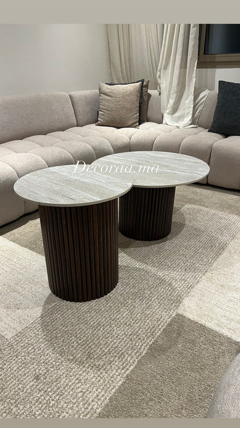 Table Basse DUO – Céramique Effet Travertin avec 2 Socles en Bois Massif Hêtre