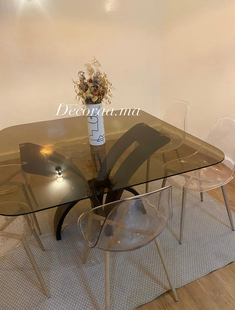 Table en Verre Bronze Sécurisé avec Socle en Bois Massif | AMBRINA