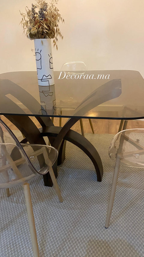 Table en Verre Bronze Sécurisé avec Socle en Bois Massif | AMBRINA