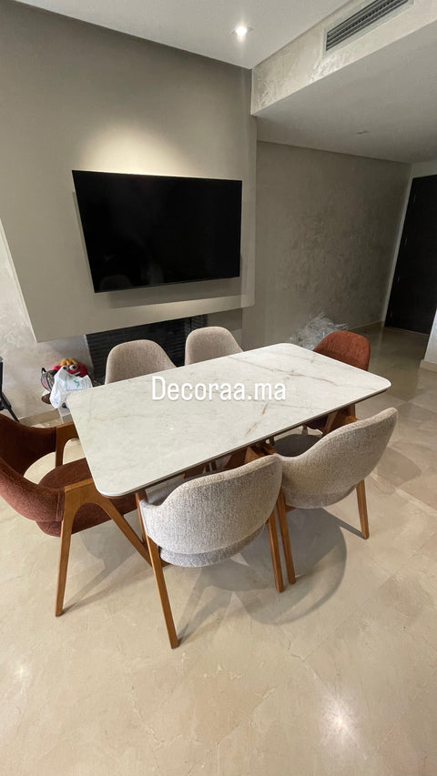 CRYSTALIA – Table à manger rectangulaire en céramique Crystal Luxe White avec 6 chaises en hêtre