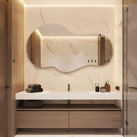 Miroir suspendu asymétrique — Élégance contemporaine pour salle de bain