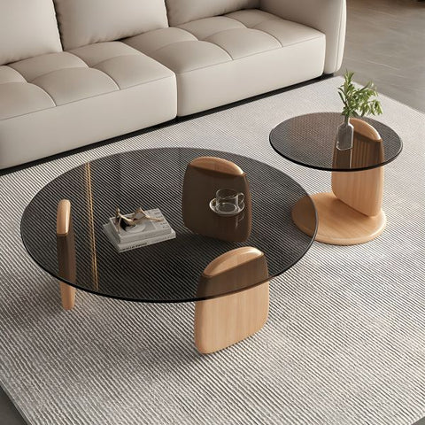 DUO – Table Basse Coffee en Verre Sécurisé et Bois Plaqué Noyer