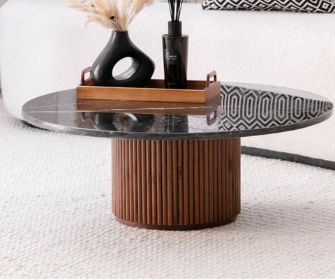 MIRABELA – Table Basse en Marbre avec Socle en Bois Hêtre Bardé Massif