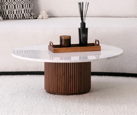 MIRABELA – Table Basse en Marbre avec Socle en Bois Hêtre Bardé Massif