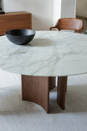 LORVENA Table – Ceramic Top & 3 Solid Walnut Veneer Slatted Bases
