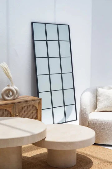 Miroir Mural Noir Grand Format – Cadre Structuré à Trois Panneaux Verticaux