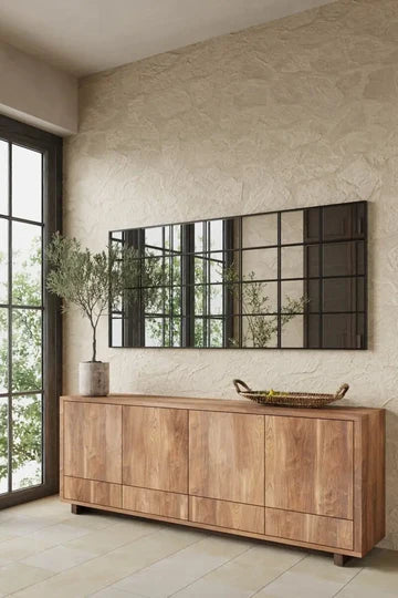 Miroir Mural Noir Grand Format – Cadre Structuré à Trois Panneaux Verticaux