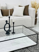 Table Basse – Plateau en Verre Trempé et Marbre Blanc Authentique