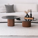 Ensemble de Deux Tables Basses en Marbre Noir et Bois Massif Sculpté