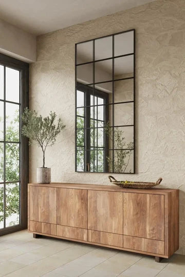 Miroir Mural Noir Grand Format – Cadre Structuré à Trois Panneaux Verticaux