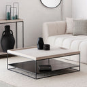 Table basse design en métal noir et travertin – Collection Noctara