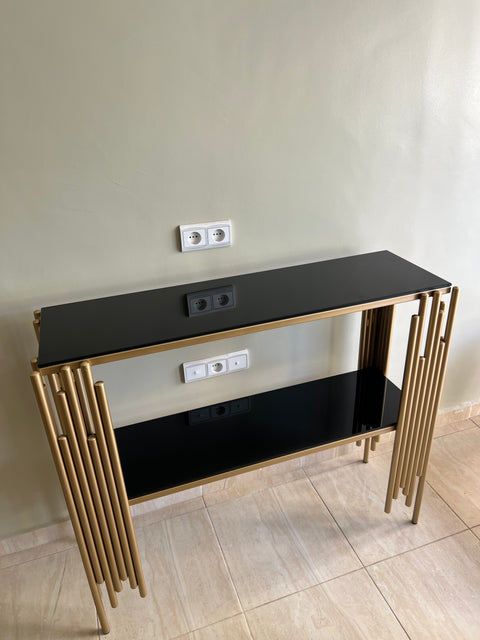 Console en Métal Doré Galvanisé en Verre Noir Sécurisé – Design Chic et Moderne