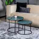 Table basse style industriel avec plateau en marbre vert